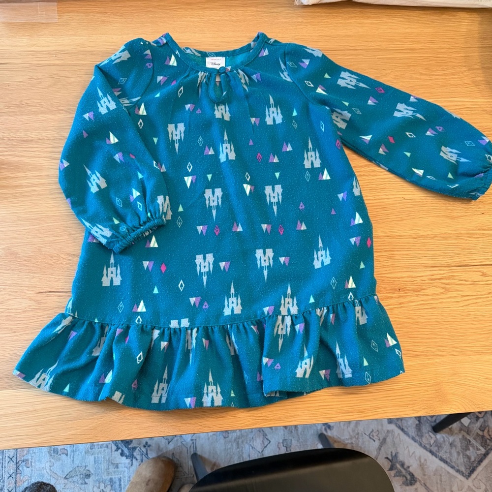 4T Disney Teal Castle Print Dress with Button Keyhole